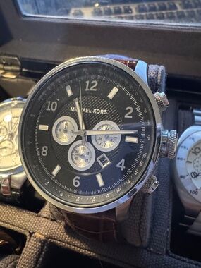 Michael Kors Black Dial Chronograph Watch with Brown Leather Strap